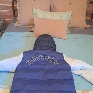 Tommy Hilfiger Blue & Ice Varsity Zip Front Hooded Puffer Jacket Men's NWNT / XL